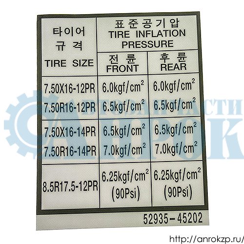 Наклейка значений давления шин HYUNDAI HD65/78 MK 52935-45202 / 5293545202.
